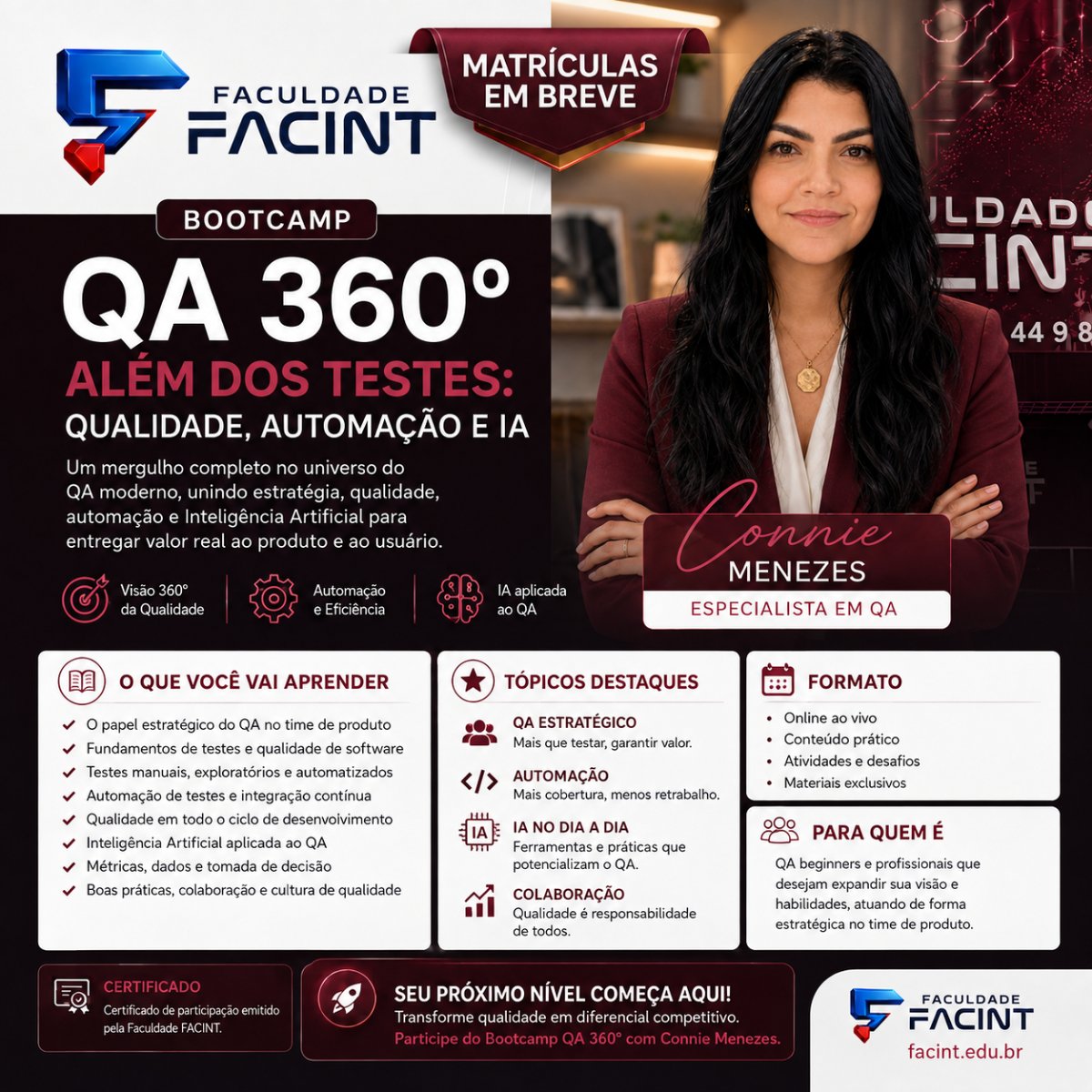 Bootcamp QA 360º da Faculdade FACINT com a especialista em QA Conie Menezes